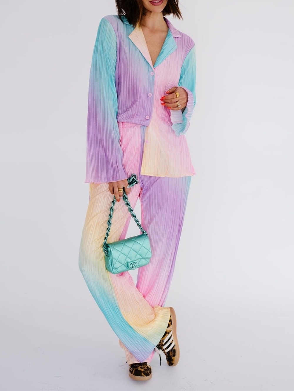 Dressed in LALA | Rainbow Daydream Matching Plissé Set, Baggy Fit, EUC!